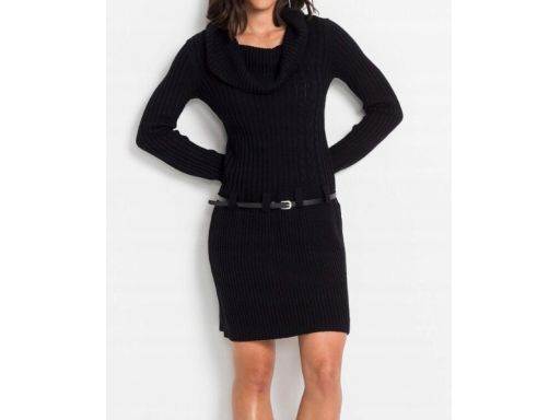 B.P.C sukienka dzianinowa z szerokim kołnierzem i paskiem czarna 44/46