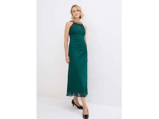 B.P.C sukienka siateczkowa z aplikacją długa butelkowa zieleń r.42