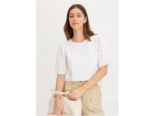 B.P.C t-shirt bawełniany łososiowy z bufiastymi rękawkami ^44/46