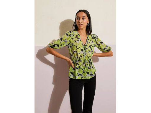 B.P.C bluzka szyfonowa z wiązanym dekoltem czarna z zielonym wzorem ^4