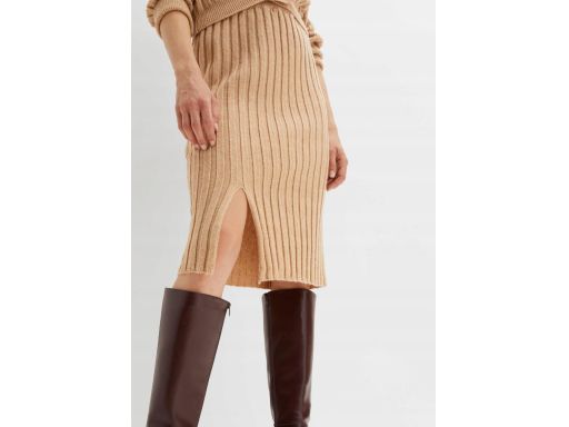 B.P.C spódnica dzianinowa midi beżowa prążkowana 48/50.