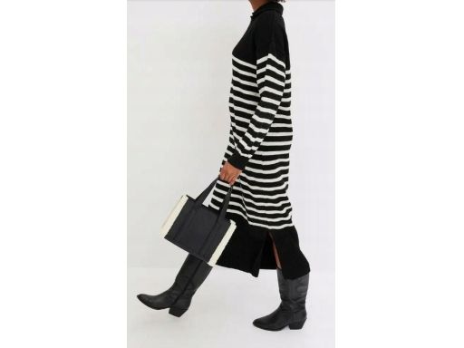 B.P.C sukienka dzianinowa midi czarna w białe paski ^36/38