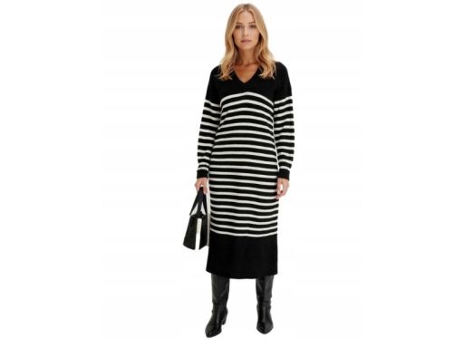 B.P.C sukienka dzianinowa midi czarna w białe paski ^36/38