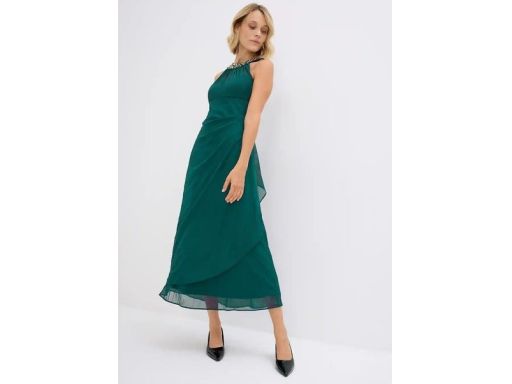 B.P.C sukienka wieczorowa butelkowa zieleń marszczona z kamieniami ^46