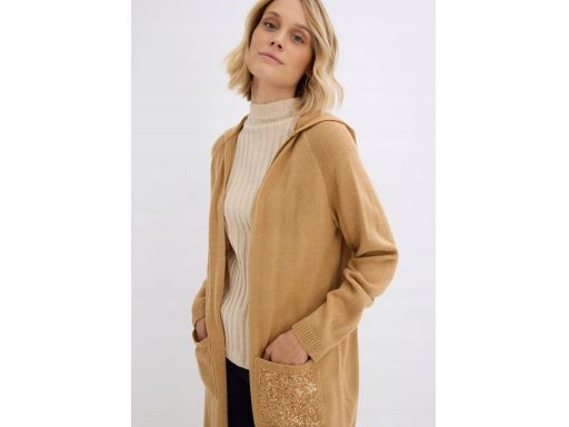 B.P.C beżowy długi sweter płaszcz dzianinowy bez zapięcia z cekinami ^
