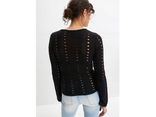 B.P.C sweter ażurowy czarny dekolt karo z wiązaniem r.36/38