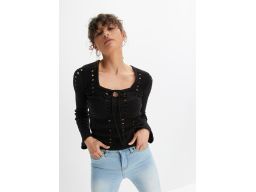B.P.C sweter ażurowy czarny dekolt karo z wiązaniem r.36/38