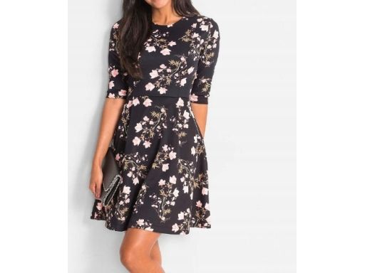B.P.C sukienka czarna w kolorowe kwiaty rozkloszowana r.36