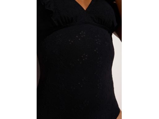 B.P.C czarny kostium kąpielowy z ażurowym haftem i falbankami 42.