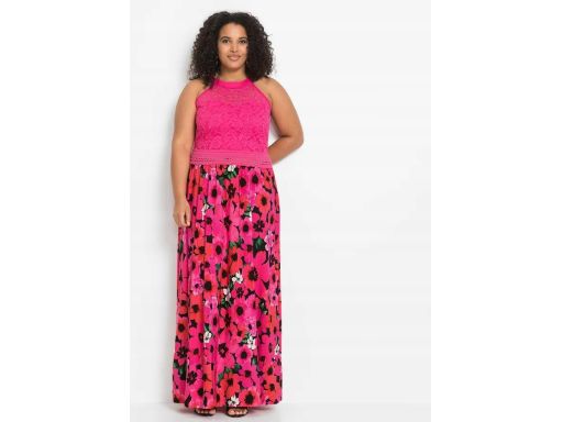 B.P.C długa sukienka różowa w kwiaty z koronką 32.