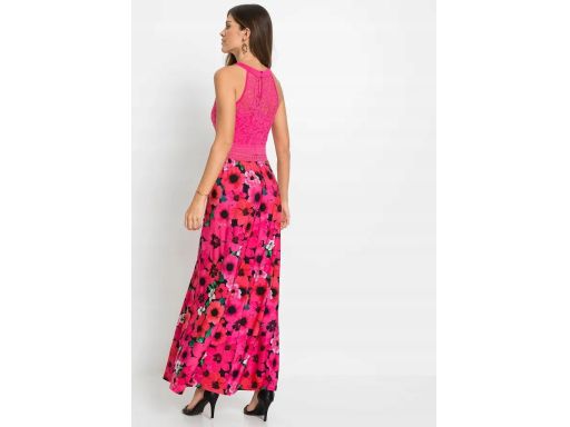 B.P.C długa sukienka różowa w kwiaty z koronką 32.