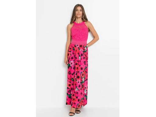 B.P.C długa sukienka różowa w kwiaty z koronką 32.