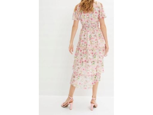 B.P.C długa sukienka szyfonowa w kwiaty z falbankami 38.