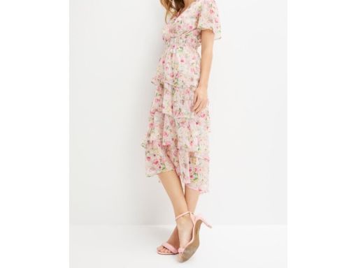 B.P.C długa sukienka szyfonowa w kwiaty z falbankami 38.