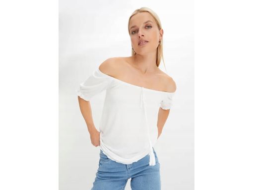 B.P.C biała bluzka carmen z frędzlami 48/50.