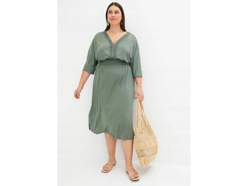 B.P.C sukienka midi z koronką ażurową oliwkowa r.44/46