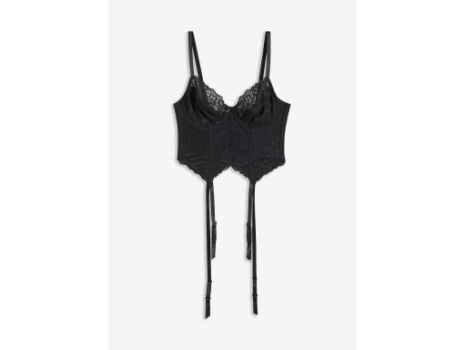 B.P.C krótki top gorsetowy czarny z koronką z paskami do pończoch 100C