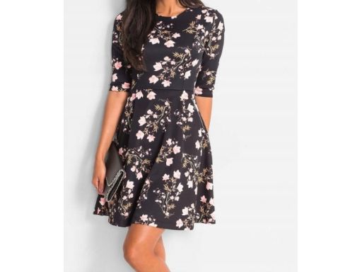 B.P.C sukienka czarna w kolorowe kwiaty rozkloszowana 38.