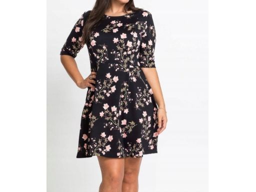 B.P.C sukienka czarna w kolorowe kwiaty rozkloszowana 38.