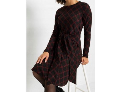 B.P.C sukienka vintage czarna w czerwone wzory z wiązaniem w pasie ^36