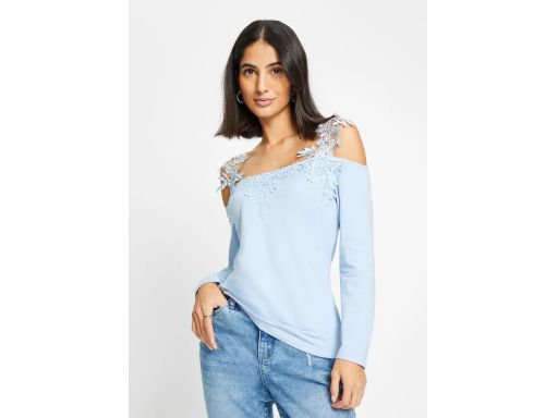 B.P.C niebieska bluzka z odkrytymi ramionami i koronką ^40/42
