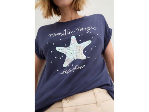 B.P.C t-shirt granatowy z cekinowym wzorem i napisem r.36/38