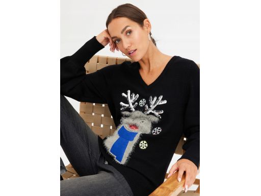 B.P.C sweter świąteczny czarny w serek z nadrukiem 3D 40/42.