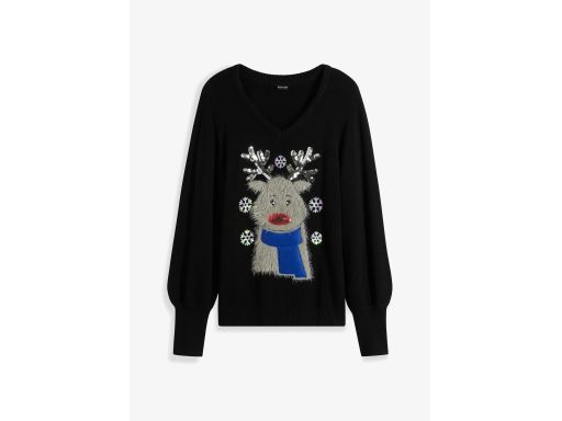 B.P.C sweter świąteczny czarny w serek z nadrukiem 3D 40/42.