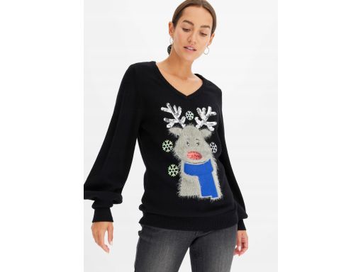 B.P.C sweter świąteczny czarny w serek z nadrukiem 3D 40/42.