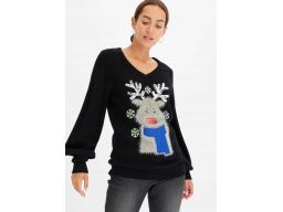 B.P.C sweter świąteczny czarny w serek z nadrukiem 3D 40/42.