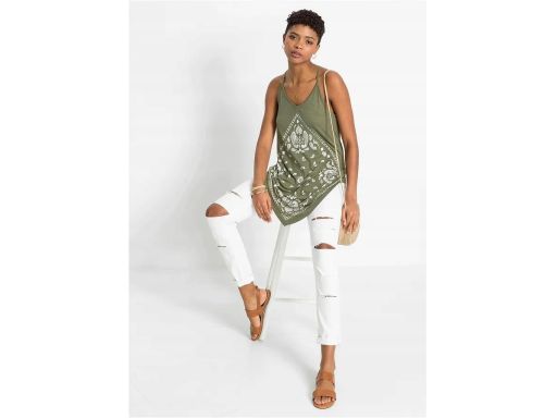 B.P.C top z asymetrycznym dołem zielony z białym nadrukiem ^40/42