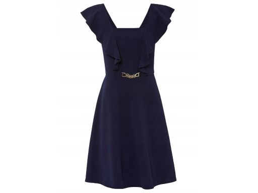 B.P.C granatowa sukienka z falbaną i łańcuszkiem r.36/38