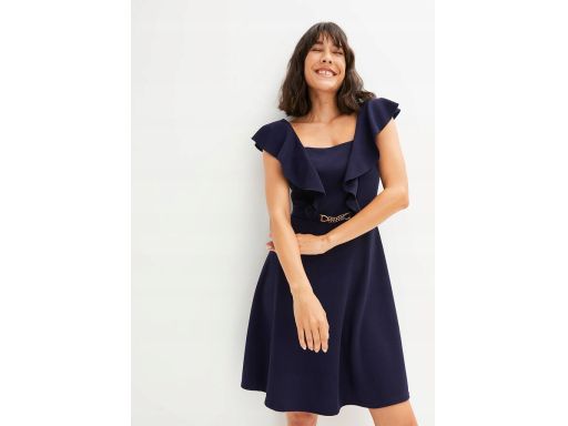 B.P.C granatowa sukienka z falbaną i łańcuszkiem r.36/38