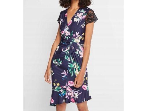B.P.C asymetryczna sukienka granatowa w kwiaty z koronką r.40/42