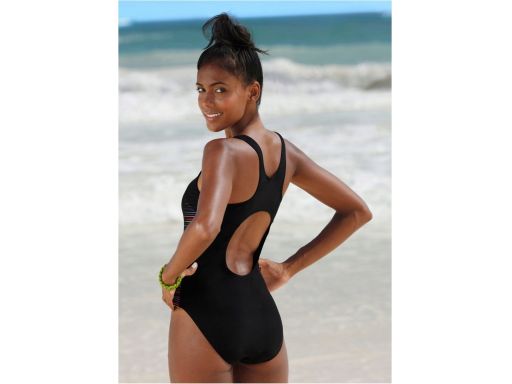 B.P.C czarny kostium kąpielowy z kolorowymi paseczkami sportowy r.42