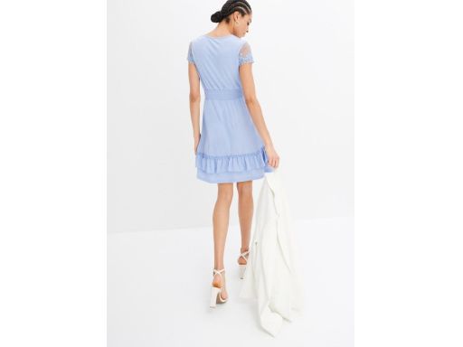 B.P.C niebieska sukienka z falbankami i koronką r.44/46