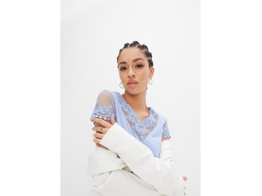 B.P.C niebieska sukienka z falbankami i koronką r.44/46