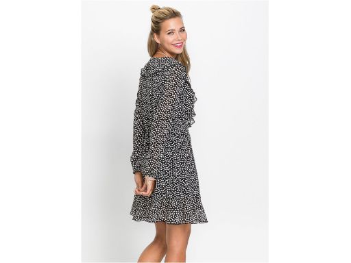 B.P.C sukienka szyfonowa kopertowa czarna w białe groszki 34.
