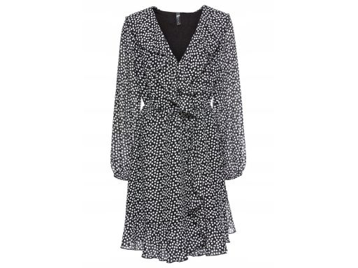 B.P.C sukienka szyfonowa kopertowa czarna w białe groszki 34.