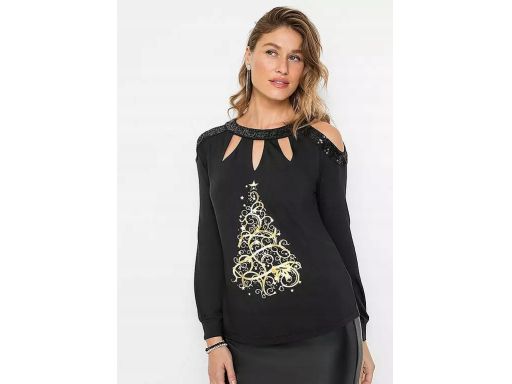 B.P.C bluzka świąteczna czarna z nadrukiem i wycięciami z cekinami r.4