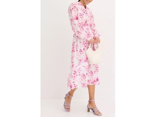 B.P.C biała sukienka w różowe kwiaty midi r.42