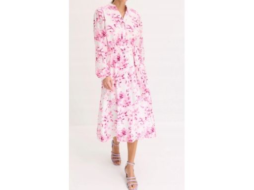 B.P.C biała sukienka w różowe kwiaty midi r.42