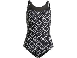 B.P.C kostium jednoczęściowy czarny w białe wzory z siateczką ^36