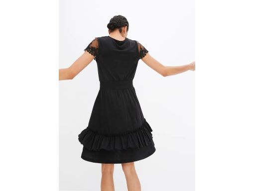 B.P.C czarna sukienka z koronką i falbankami 32/34.