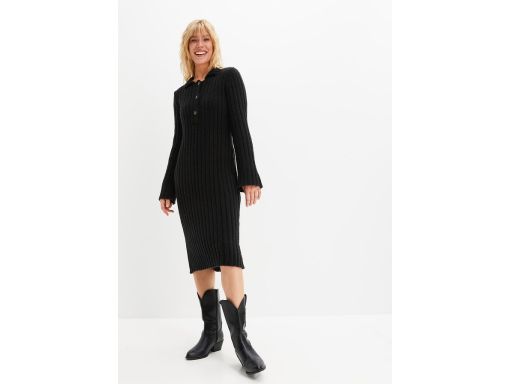 B.P.C sukienka dzianinowa midi czarna z kołnierzykiem i guzikami 36/38