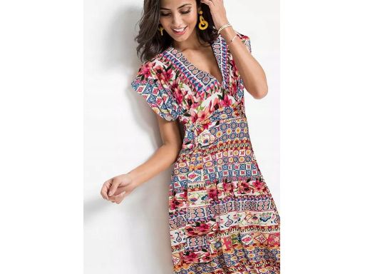 B.P.C długa sukienka kolorowa we wzory z wiązaniem 36/38.