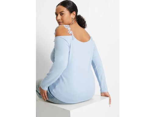 B.P.C niebieska bluzka z odkrytymi ramionami i koronką 40/42.