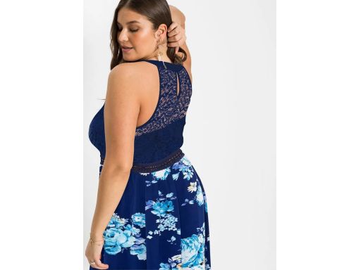 B.P.C sukienka granatowa w kolorowe kwiaty z koronką r.44
