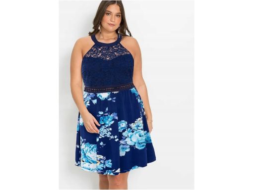 B.P.C sukienka granatowa w kolorowe kwiaty z koronką r.44
