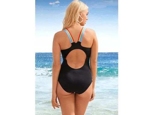 B.P.C czarny kostium kąpielowy z tęczowymi paskami sportowy r.38